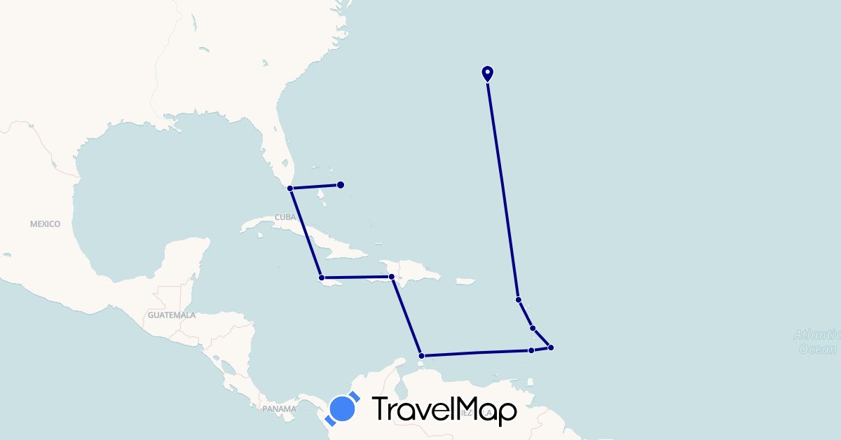 TravelMap itinerary: driving in Barbados, Bermuda, Bahamas, France, Haiti, Jamaica, Montserrat, Netherlands, United States, Saint Vincent and the Grenadines (Europe, North America)